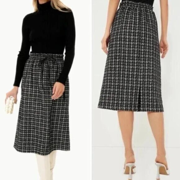 NEW Tuckernuck Black Plaid Onyx Cece‎ Tweed Retro High Rise Midi Skirt Size M - Picture 2 of 10